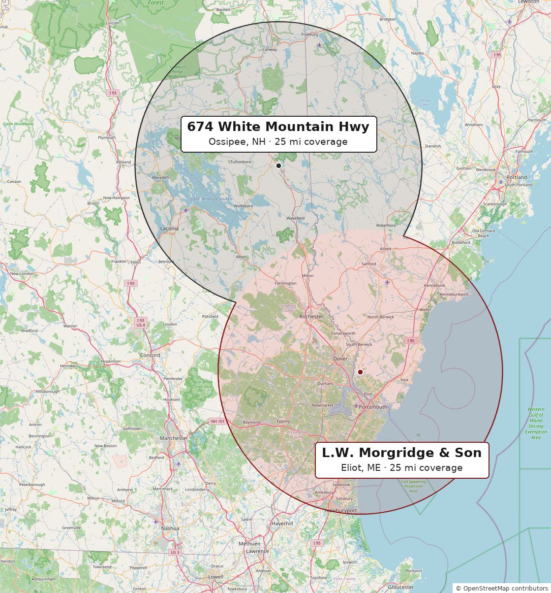 Coverage map: about 25 miles around the Eliot, Maine and Ossipee, New Hampshire yards