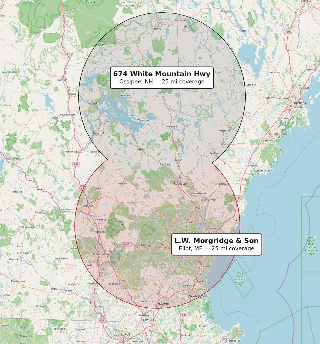 Coverage map: about 25 miles around the Eliot, Maine and Ossipee, New Hampshire yards